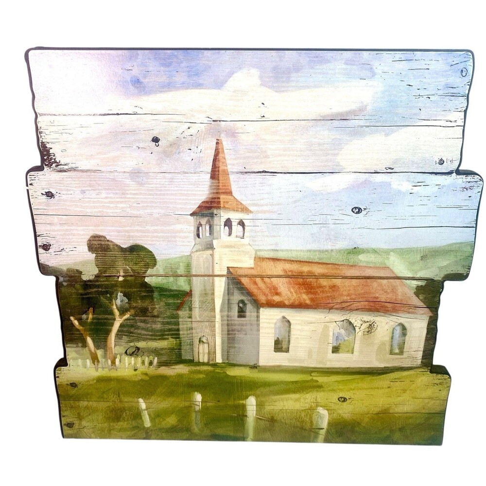 Country Church Decoupage on Wood Rustic Vintage 10 x 10.5 Wall Decor